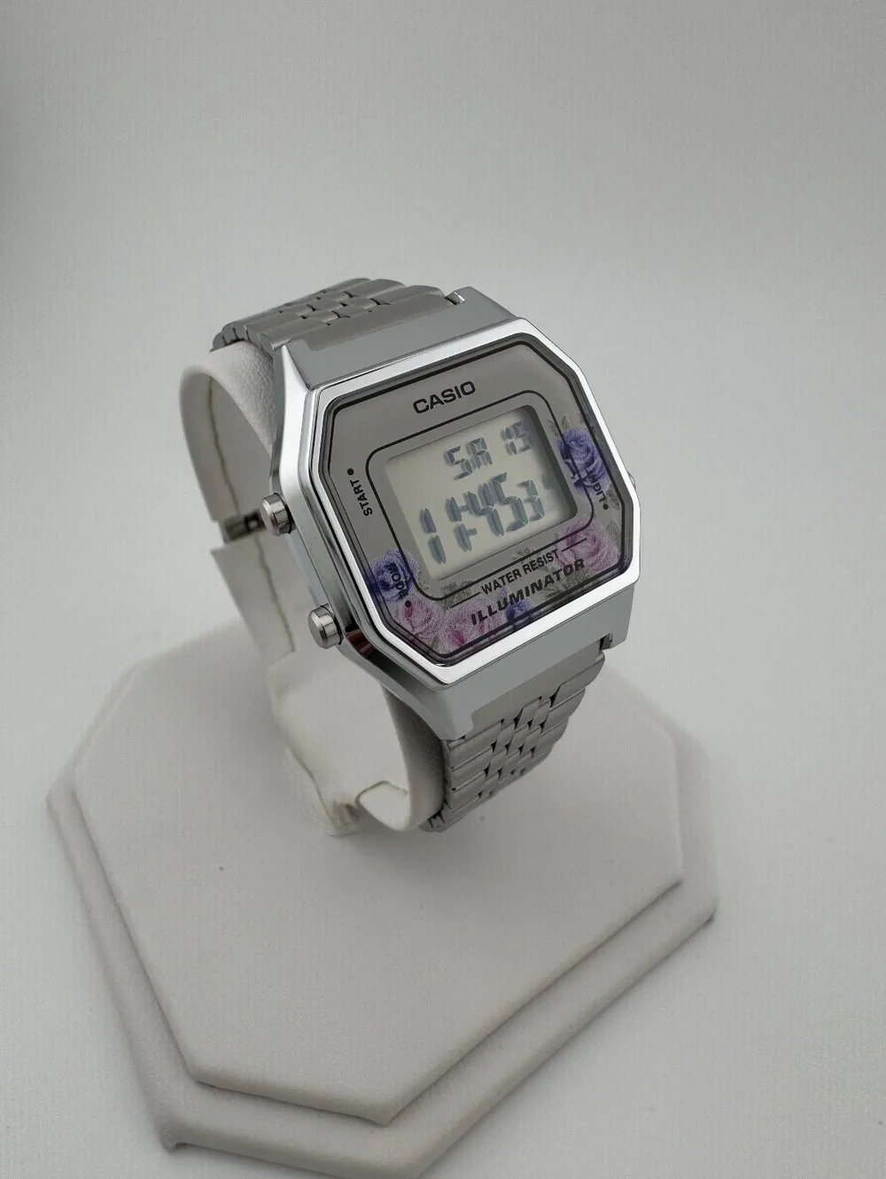 Casio Vintage Floral Digital Watch, Silver Stainless Steel Bracelet, Unisex